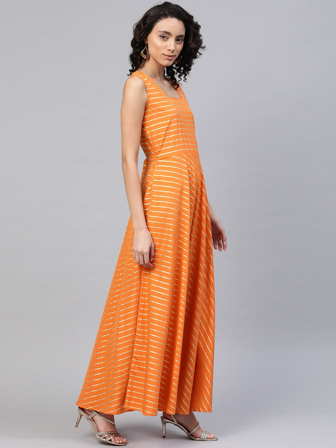 Women Orange & Sea Green Striped Maxi Dress with Ethnic Jacket
