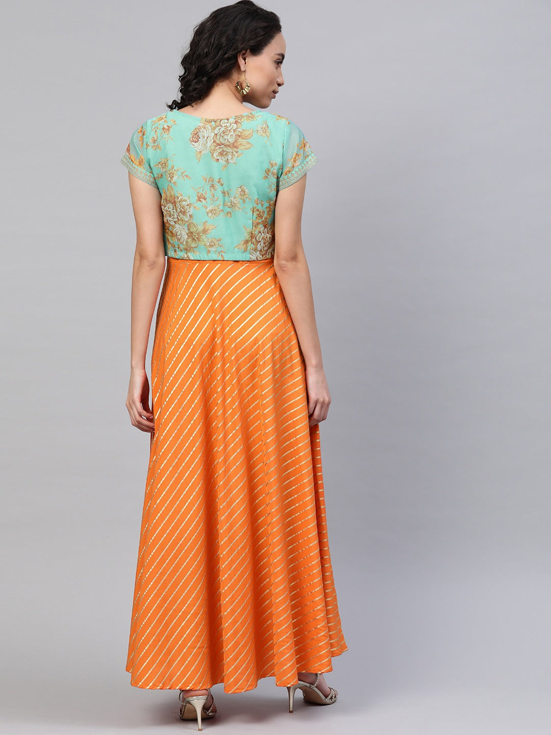 Women Orange & Sea Green Striped Maxi Dress with Ethnic Jacket