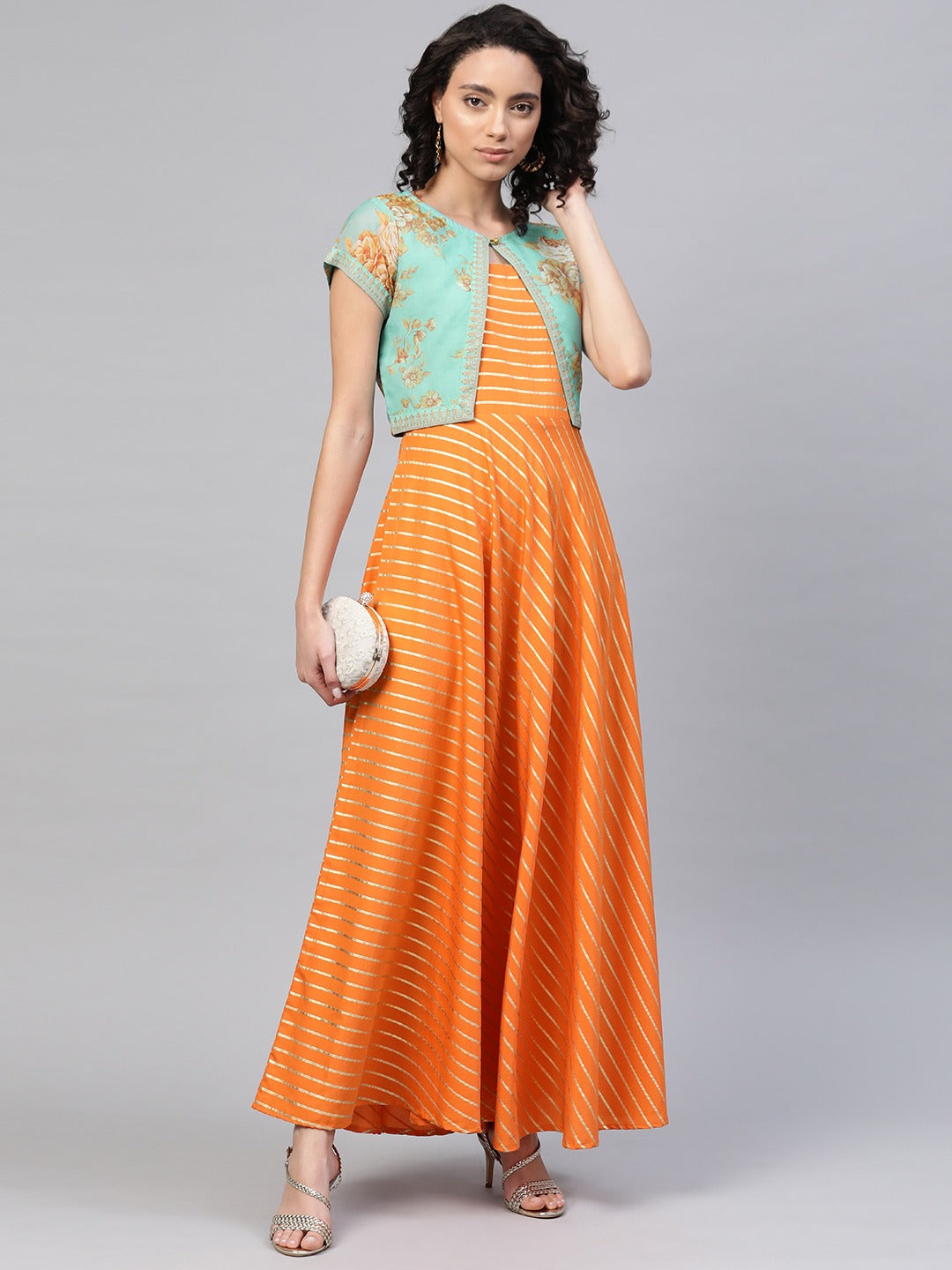 Women Orange & Sea Green Striped Maxi Dress with Ethnic Jacket