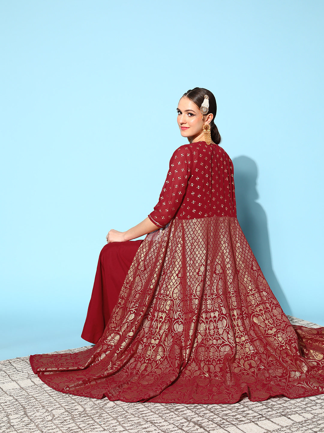 Maroon Brocade Print Ethnic Dress