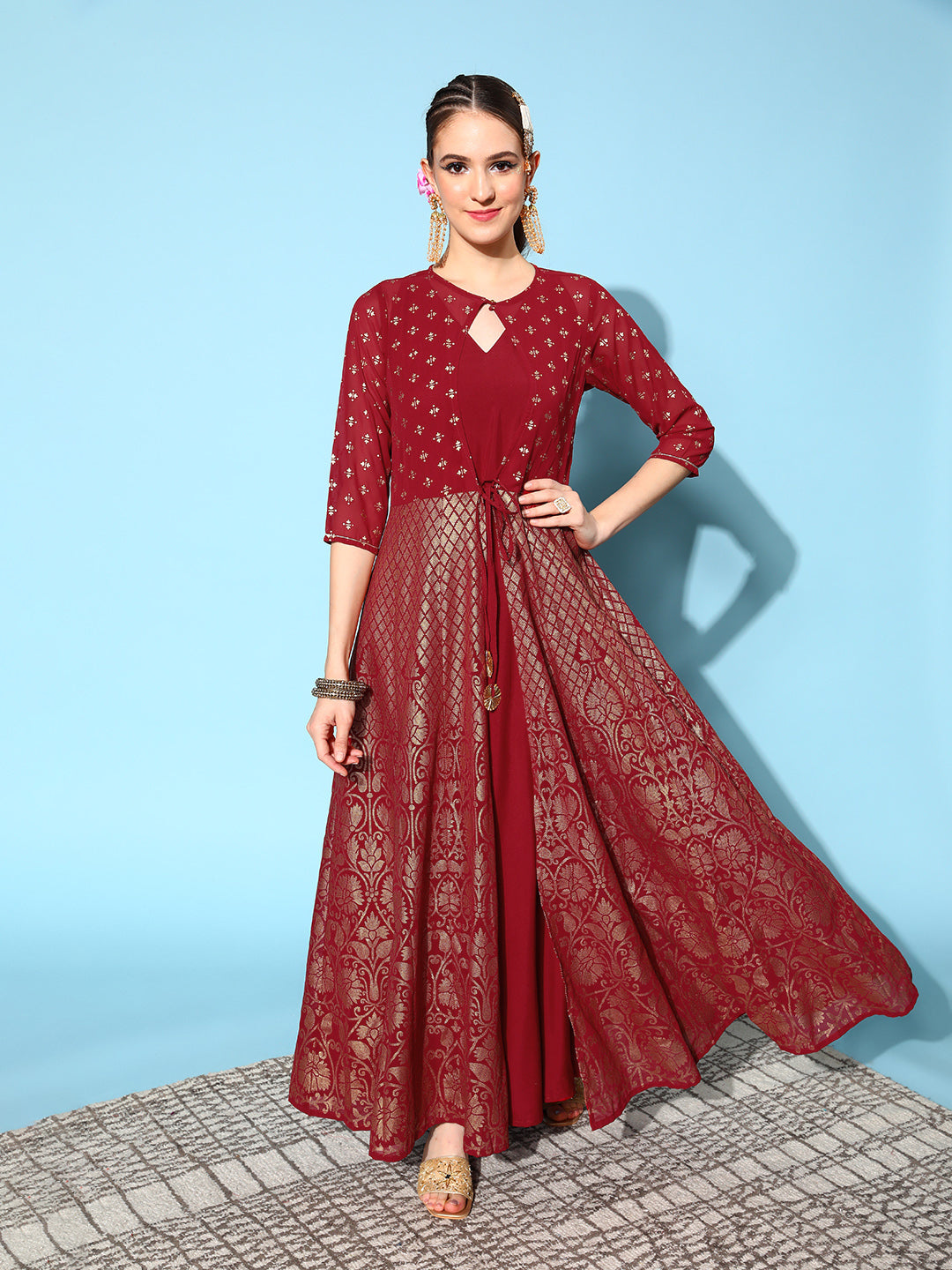 Maroon Brocade Print Ethnic Dress