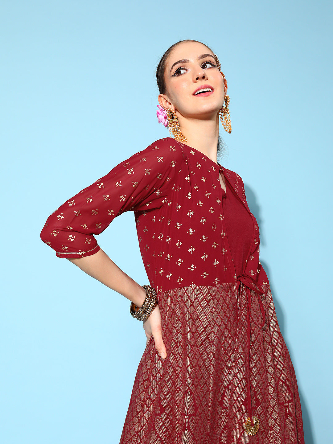 Maroon Brocade Print Ethnic Dress