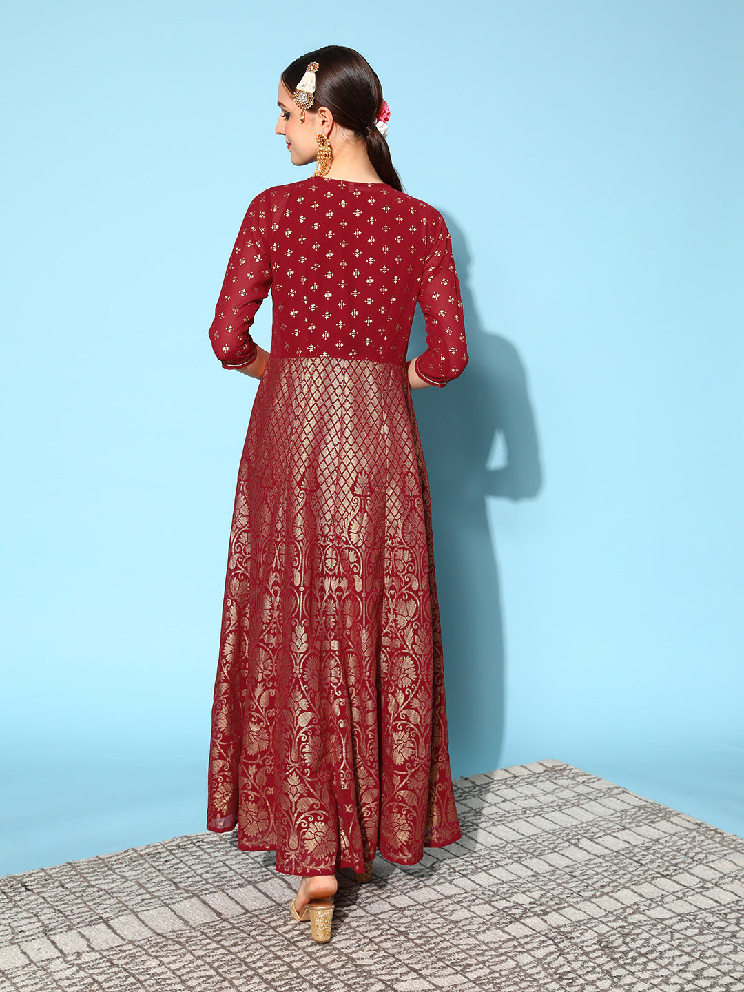 Maroon Brocade Print Ethnic Dress