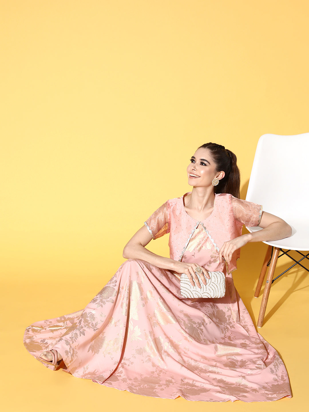 Pink Printed Maxi Ethnic Dress with Jacket