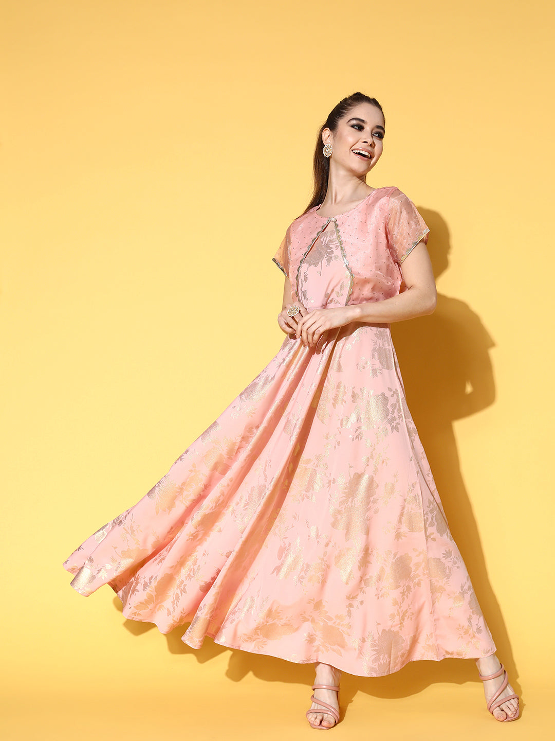 Pink Printed Maxi Ethnic Dress with Jacket