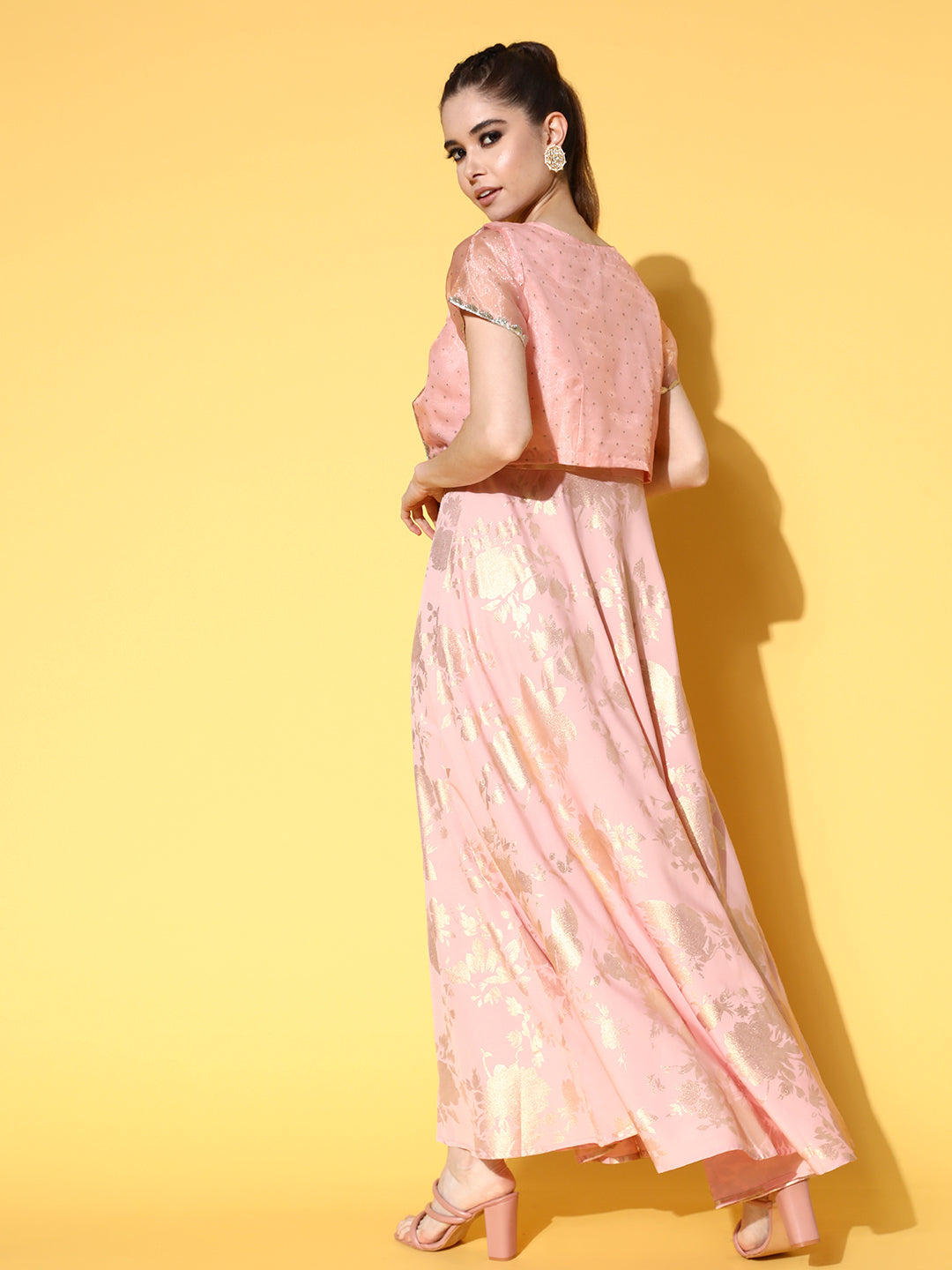 Pink Printed Maxi Ethnic Dress with Jacket