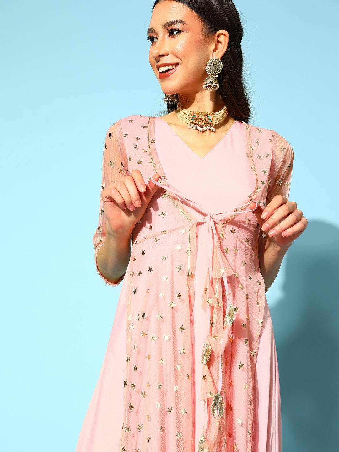 Pink Crepe & Net Foil Print Dress