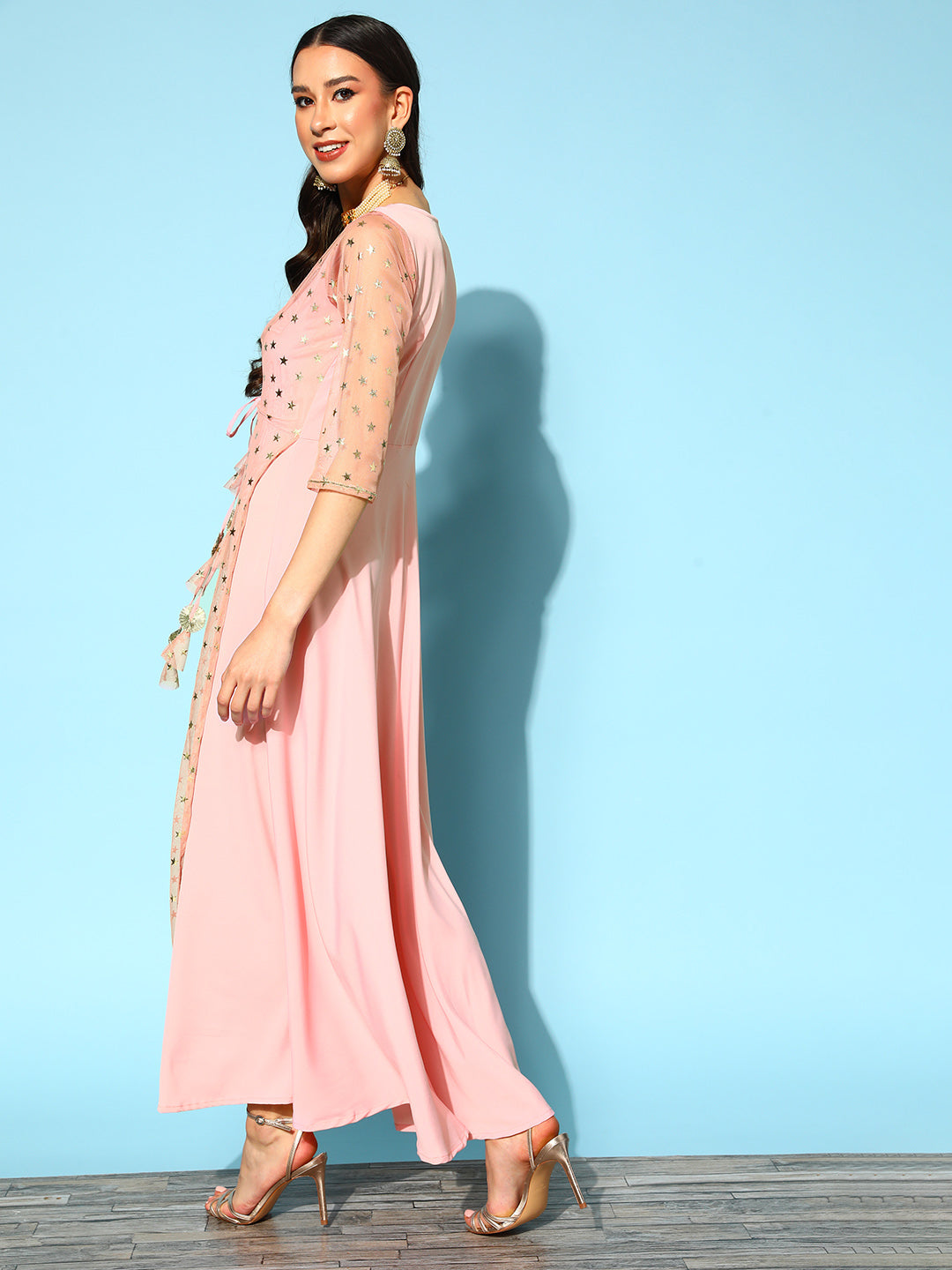 Pink Crepe & Net Foil Print Dress