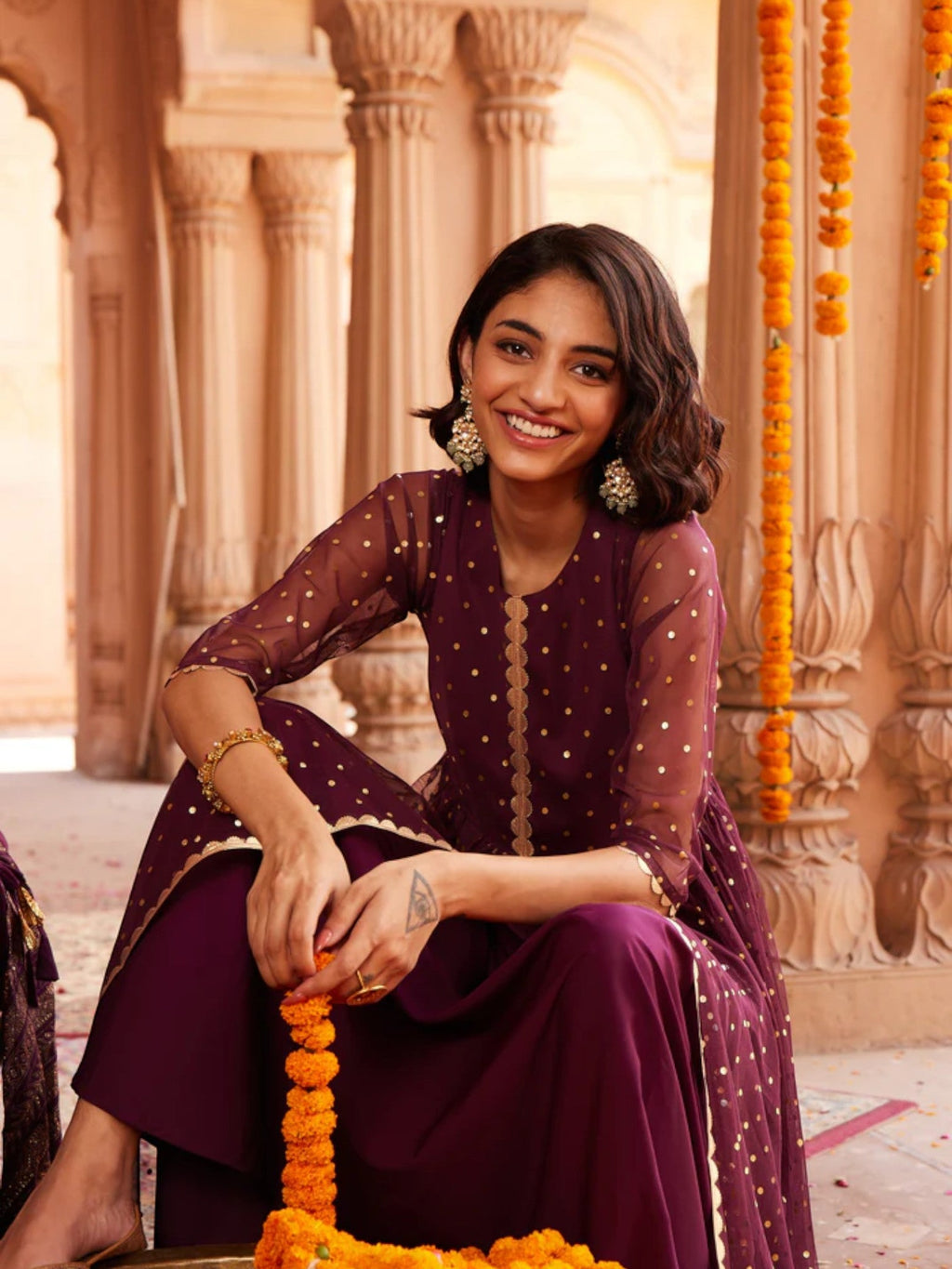 Burgundy Polka Dots Printed Fit & Flare Maxi Ethnic Dress-AH