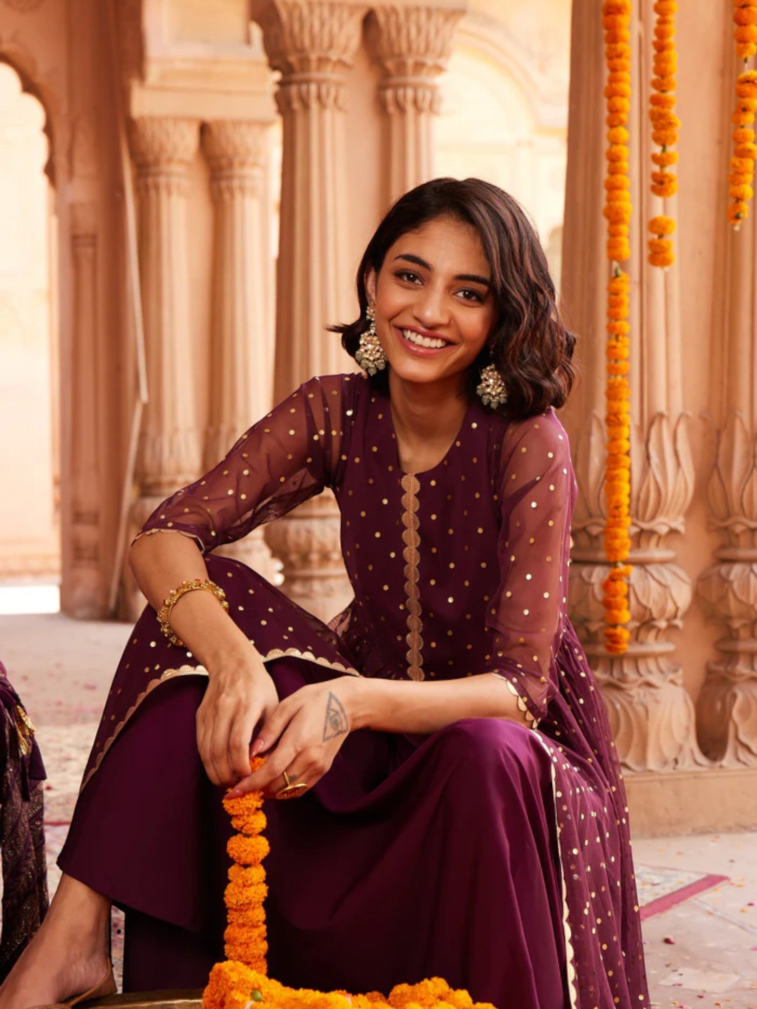 Burgundy Polka Dots Printed Fit & Flare Maxi Ethnic Dress-AH