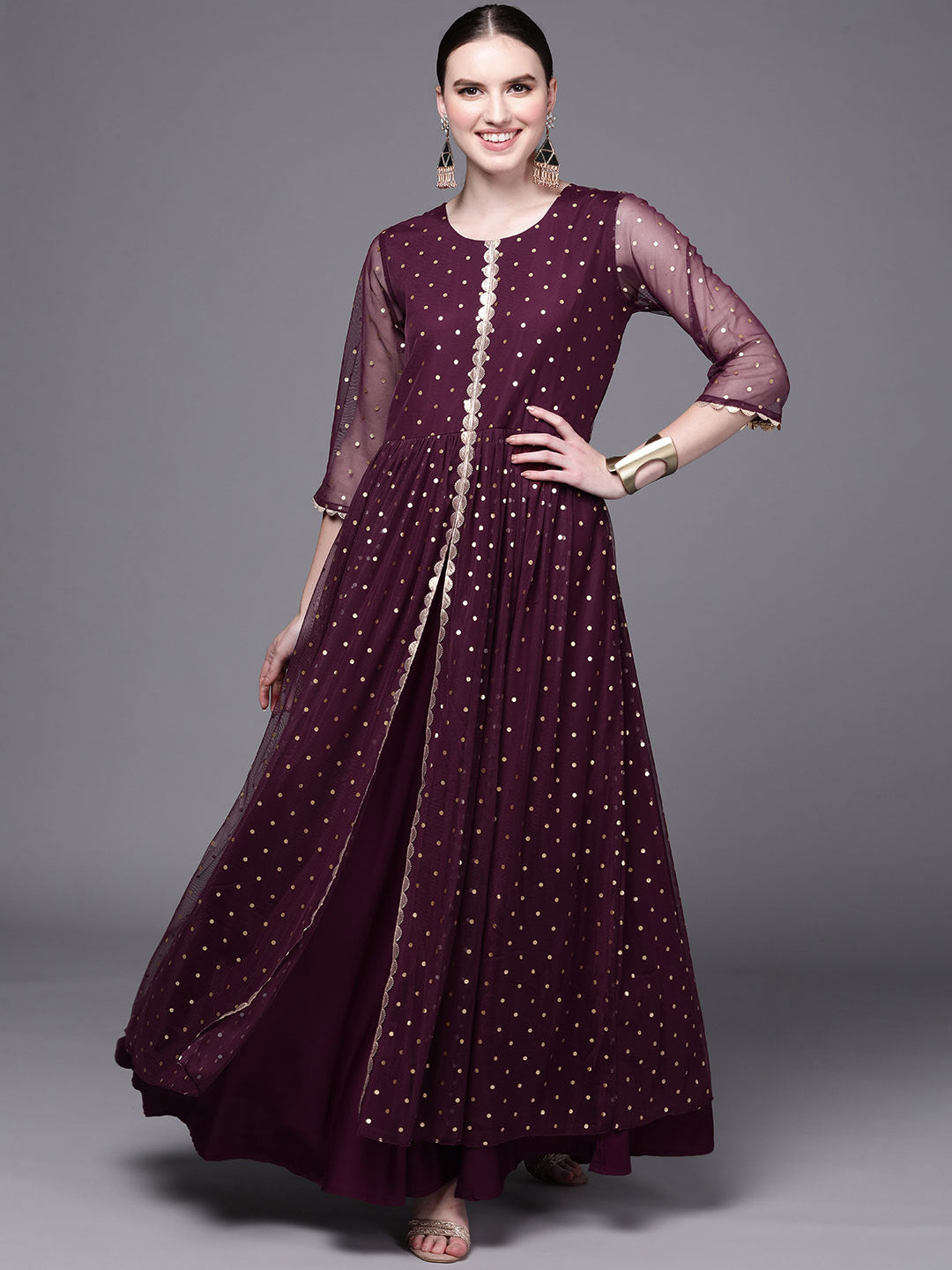 Burgundy Polka Dots Printed Fit & Flare Maxi Ethnic Dress-AH