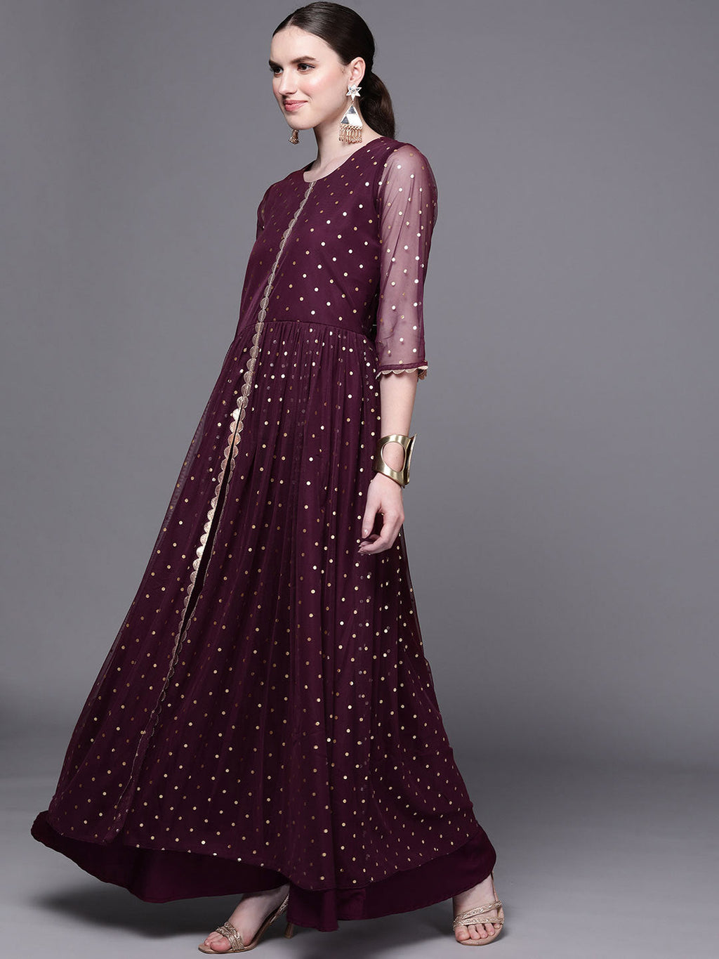 Burgundy Polka Dots Printed Fit & Flare Maxi Ethnic Dress-AH