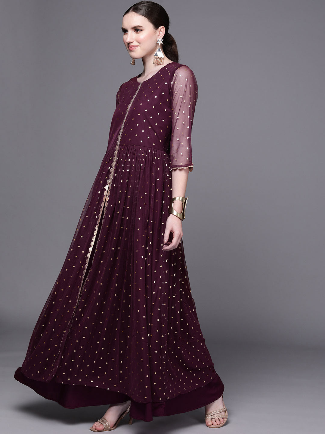 Burgundy Polka Dots Printed Fit & Flare Maxi Ethnic Dress-AH