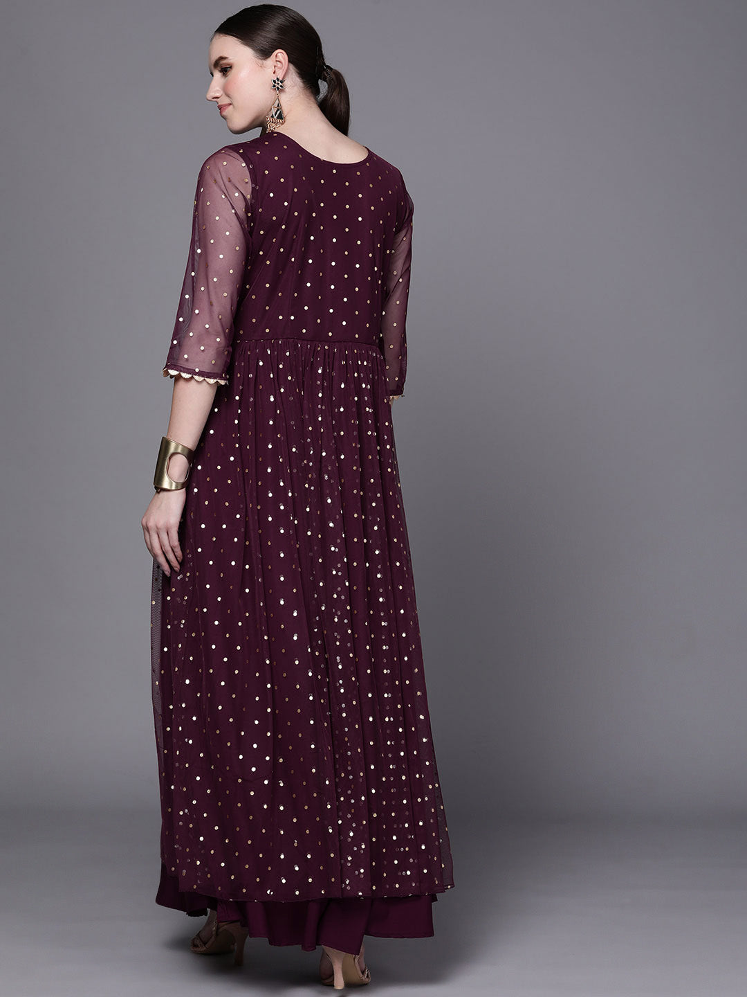 Burgundy Polka Dots Printed Fit & Flare Maxi Ethnic Dress-AH
