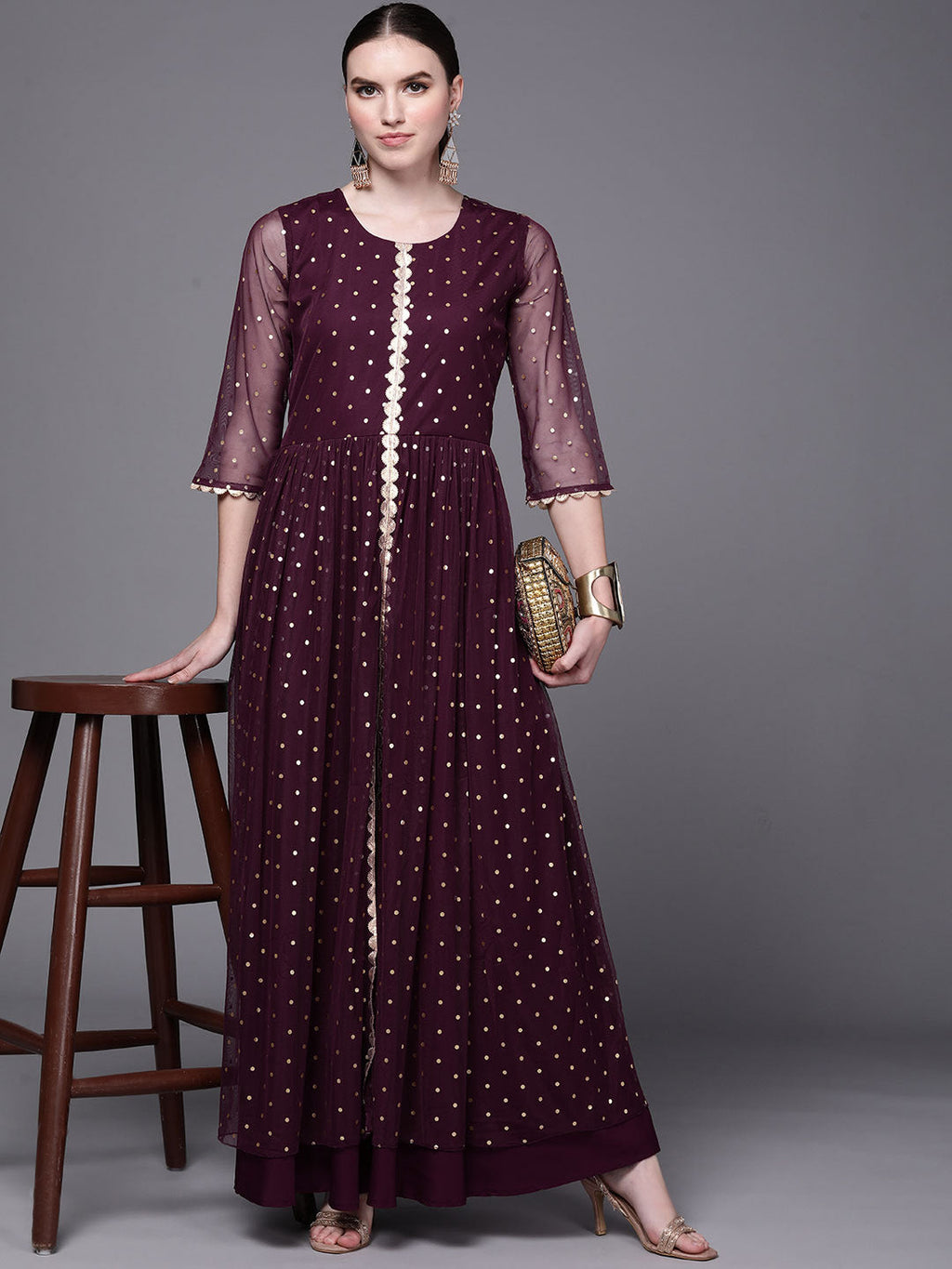 Burgundy Polka Dots Printed Fit & Flare Maxi Ethnic Dress-AH