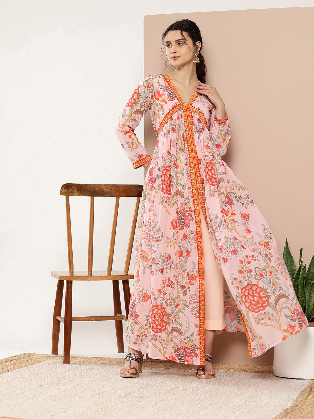 Pink Floral Printed High Slit Kurta with Trousers