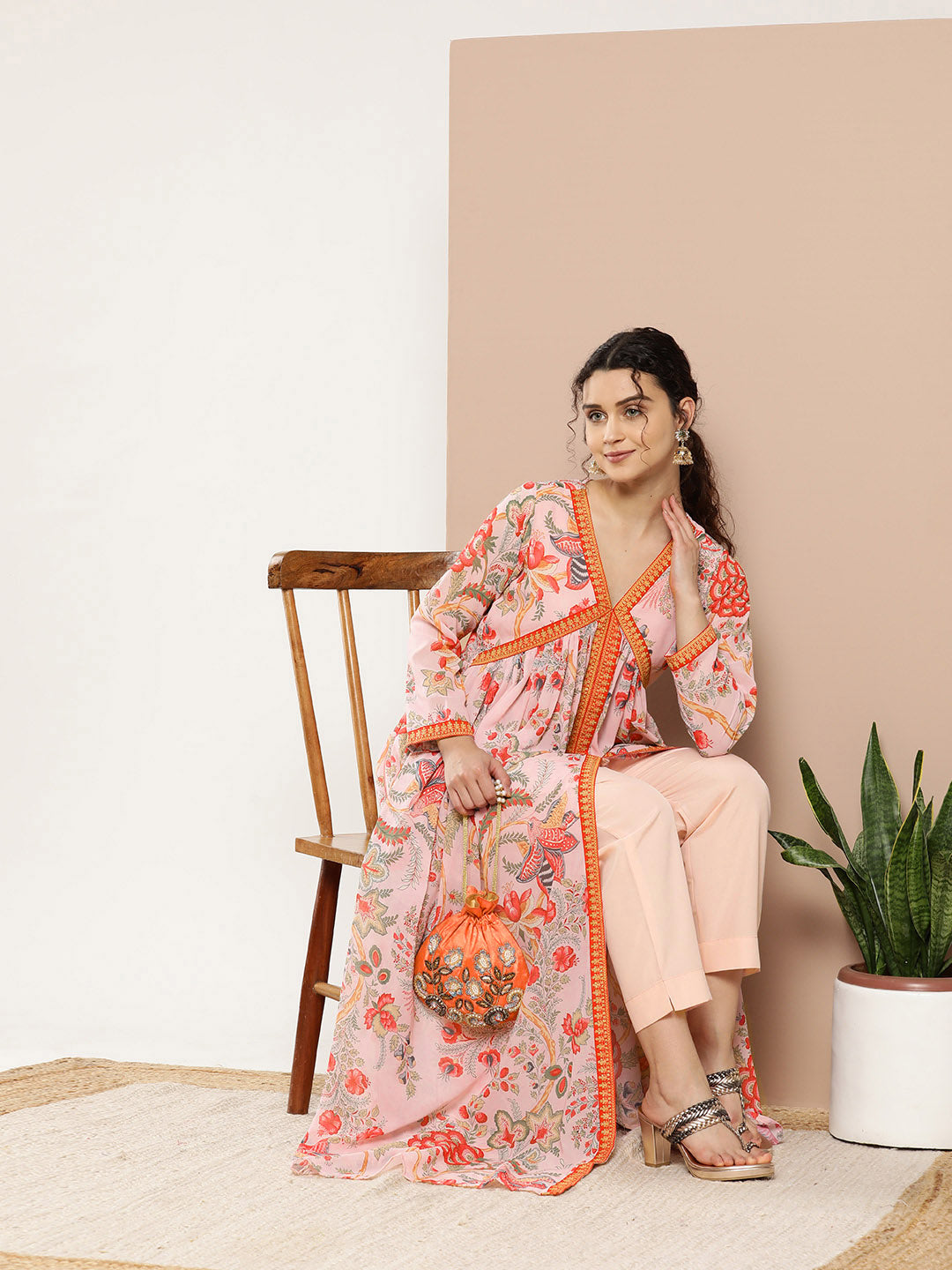 Pink Floral Printed High Slit Kurta with Trousers