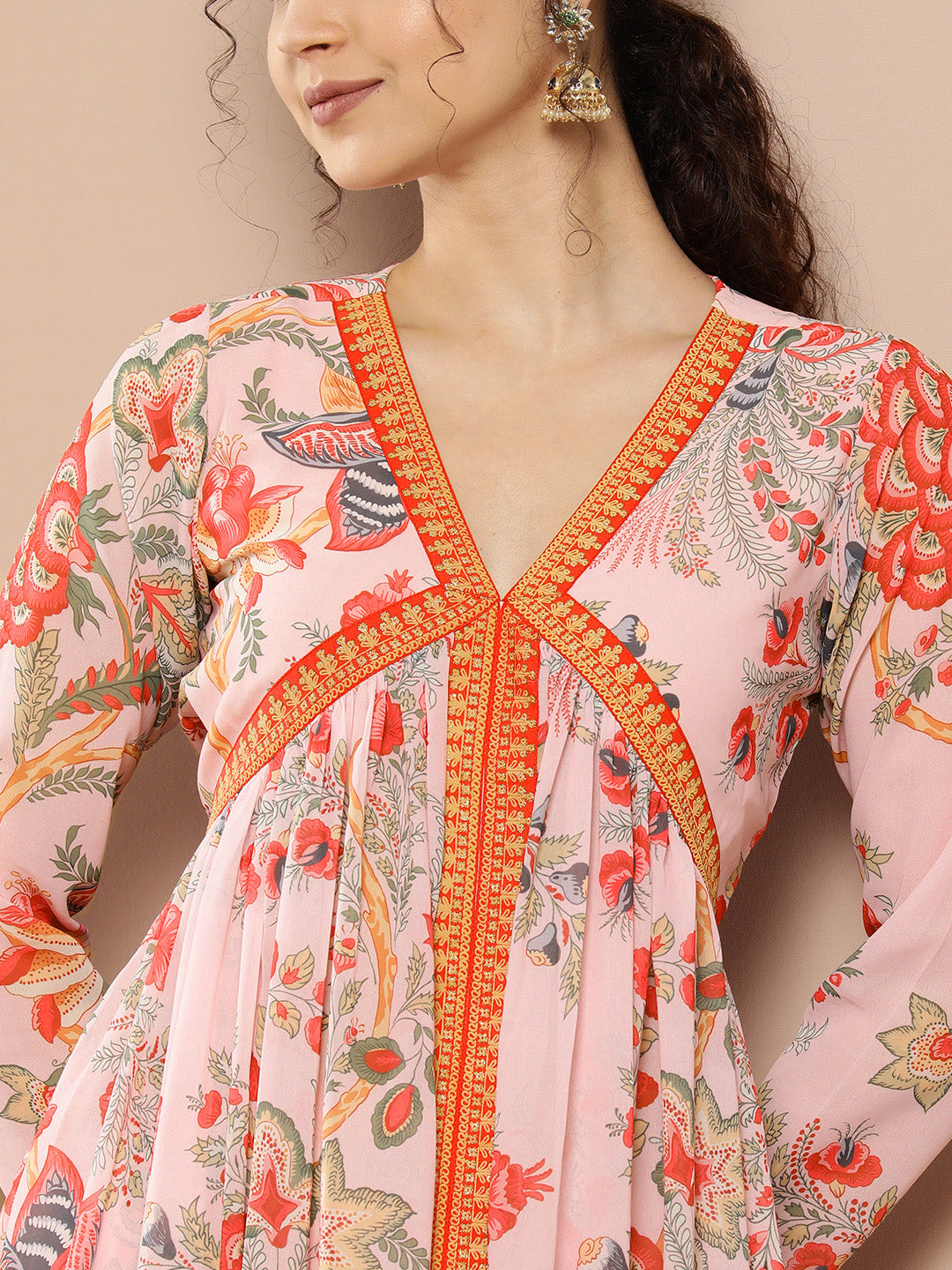 Pink Floral Printed High Slit Kurta with Trousers