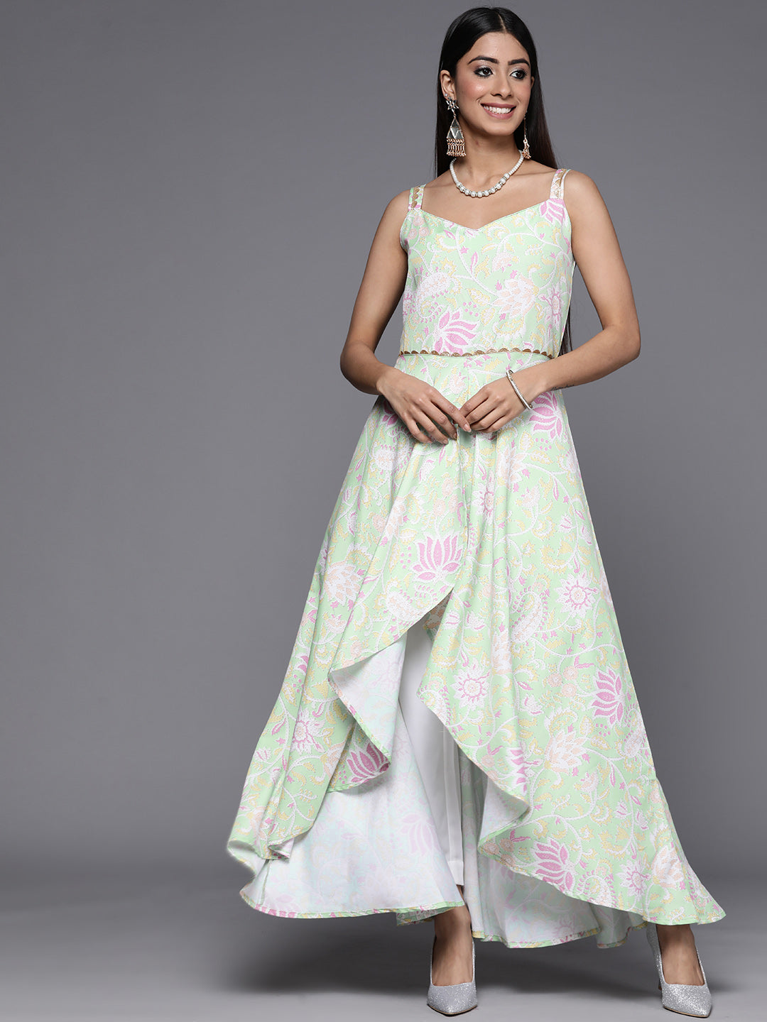 Ahalyaa Women Sea Green Floral Printed Empire Gotta Patti Kurta with Trousers