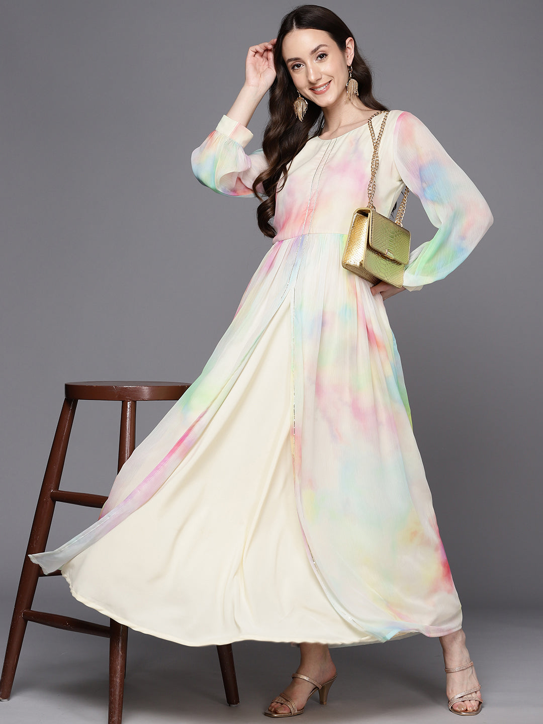 Ahalyaa Abstract Printed Gotta Patti Puff Sleeves Chiffon Maxi Ethnic Dress