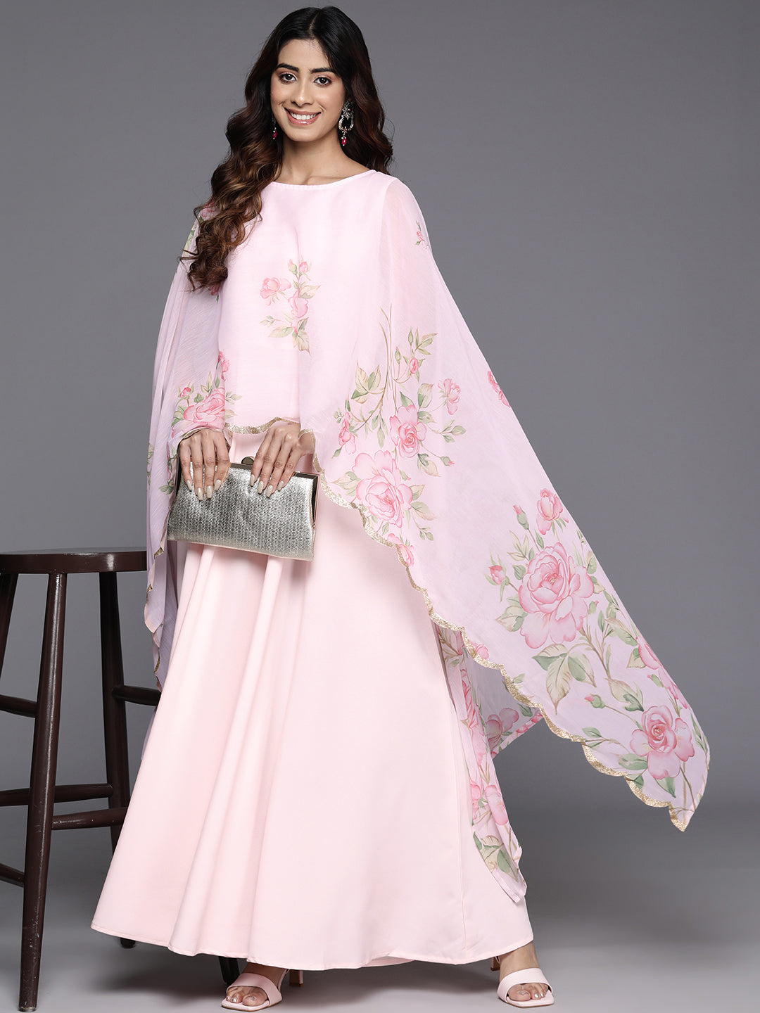 Floral Printed Layered Crepe Maxi Gown Dress