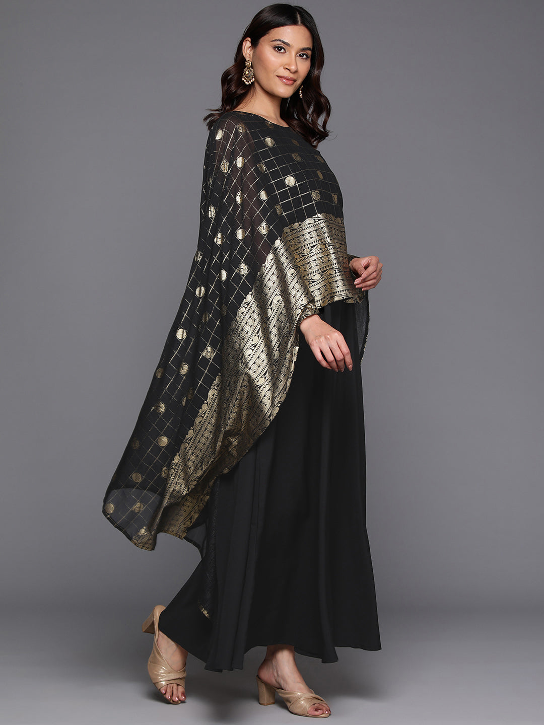 Women Ethnic Print Layered Kimono Sleeves Crepe Ethnic A-Line Maxi Dress