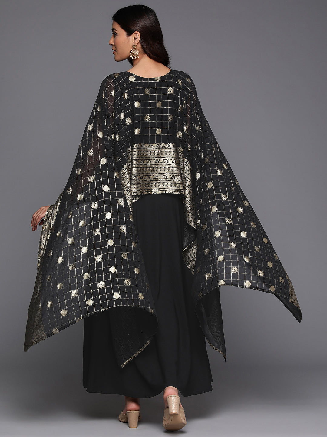 Women Ethnic Print Layered Kimono Sleeves Crepe Ethnic A-Line Maxi Dress