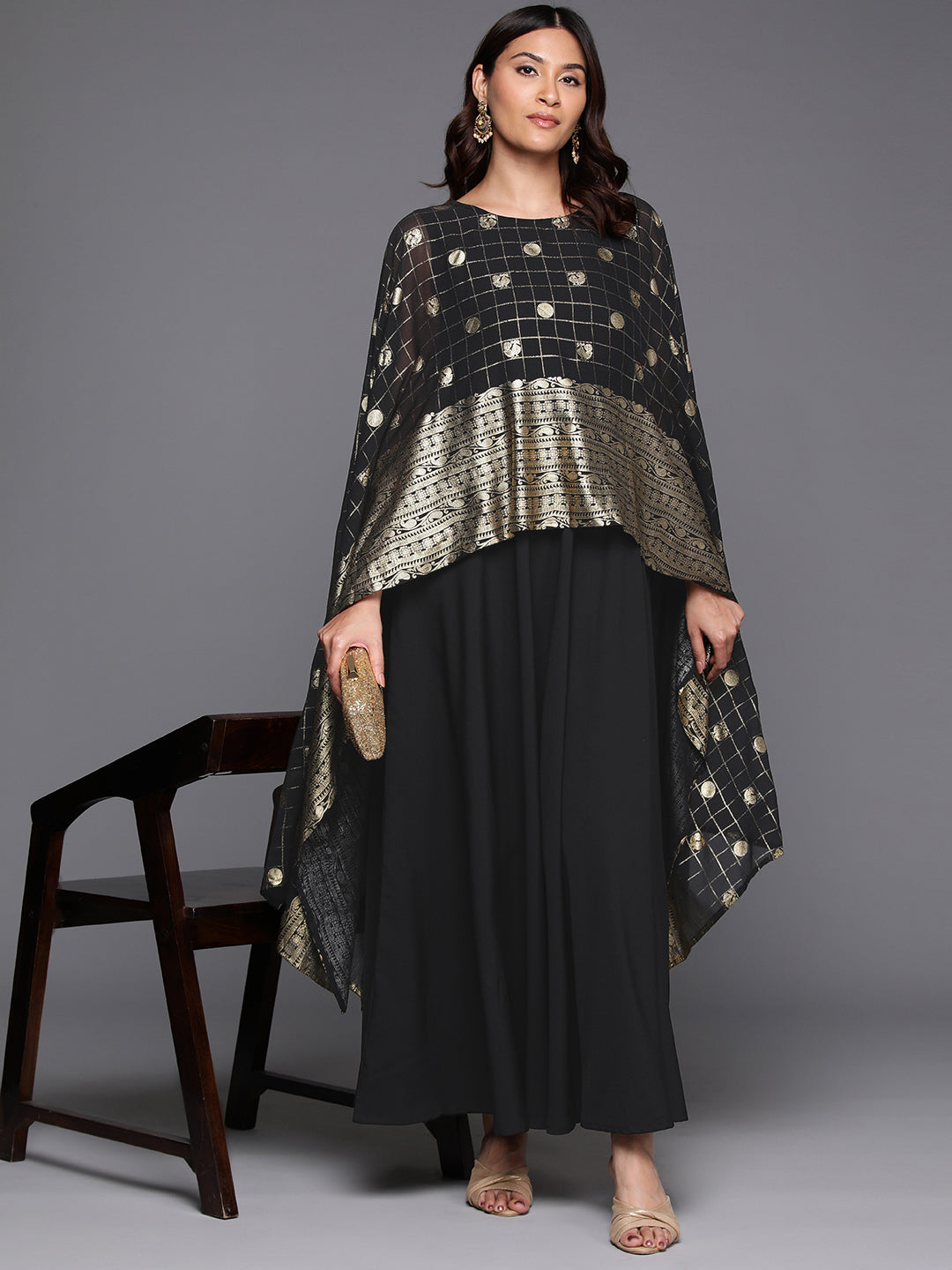 Women Ethnic Print Layered Kimono Sleeves Crepe Ethnic A-Line Maxi Dress