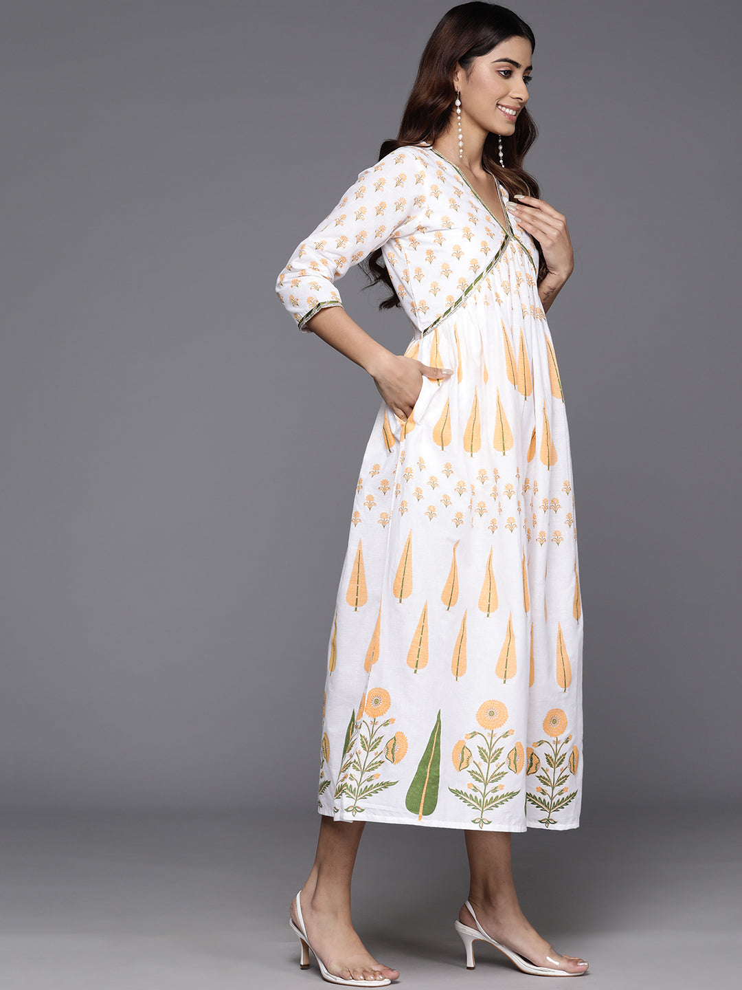 Ethnic Print Embellished Pure Cotton Empire Midi Dress
