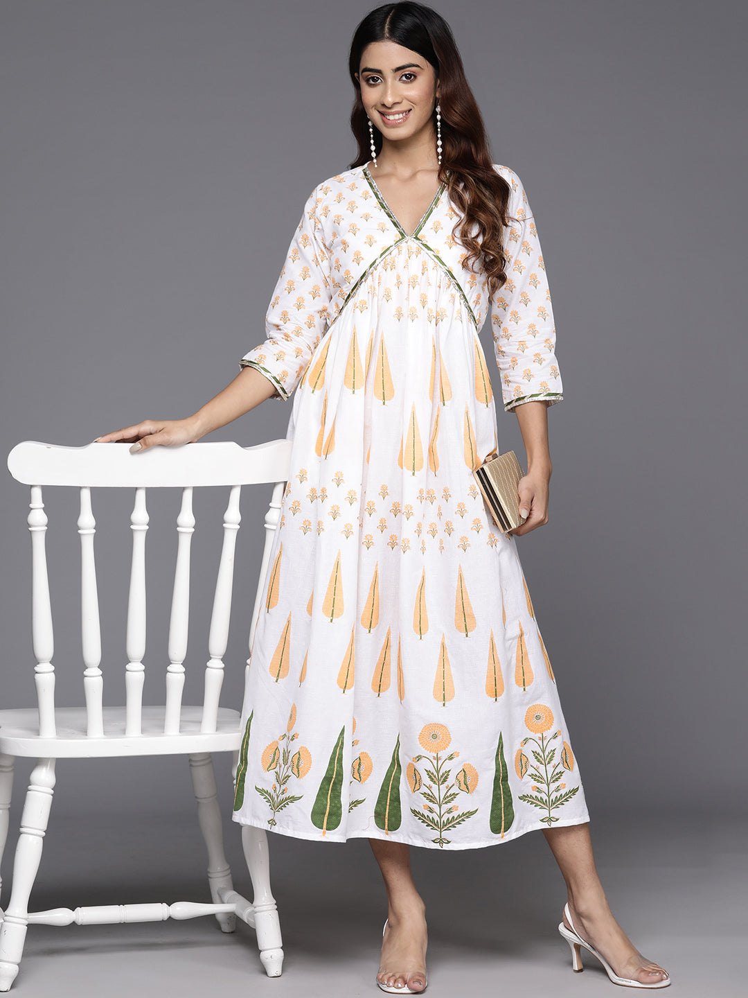 Ethnic Print Embellished Pure Cotton Empire Midi Dress