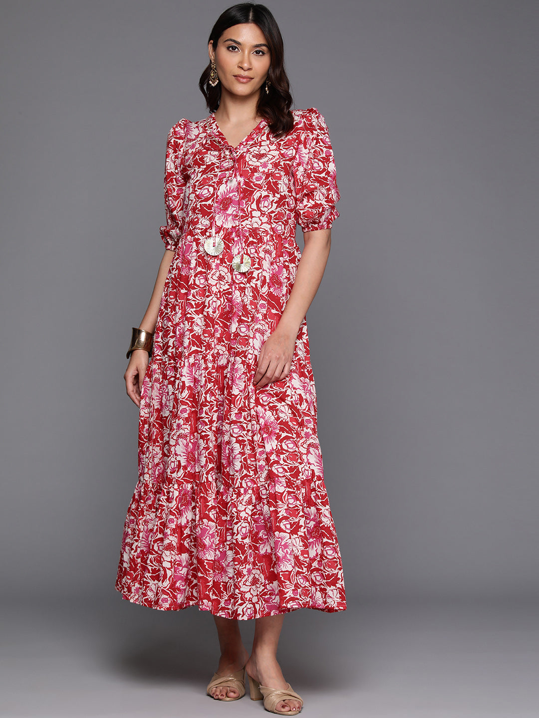 Floral Print Tie-Up Neck Puff Sleeve Cotton A-Line Midi Dress