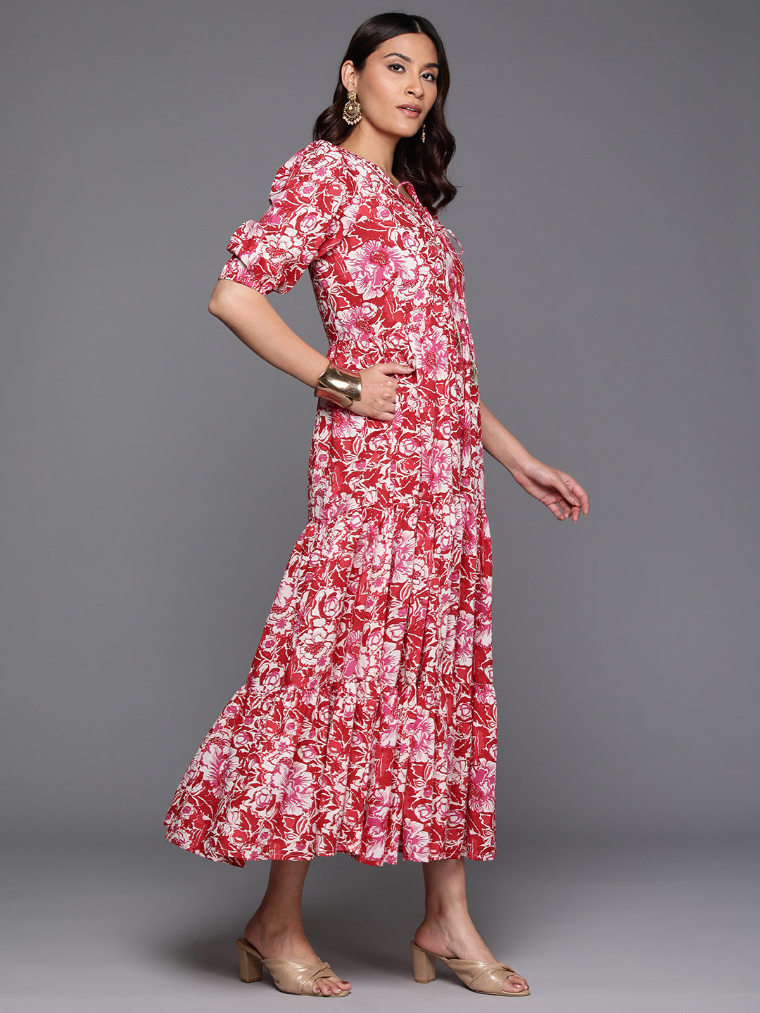 Floral Print Tie-Up Neck Puff Sleeve Cotton A-Line Midi Dress