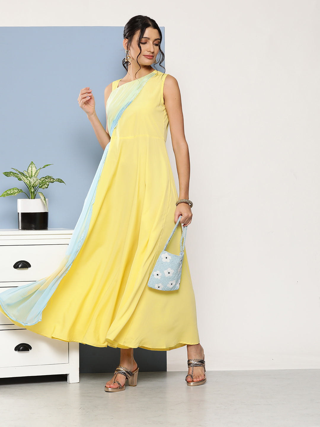 Yellow & Blue Colourblocked Maxi Ethnic Dress