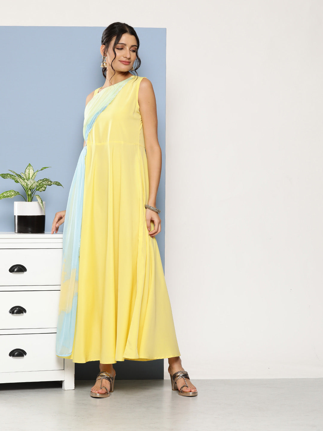 Yellow & Blue Colourblocked Maxi Ethnic Dress