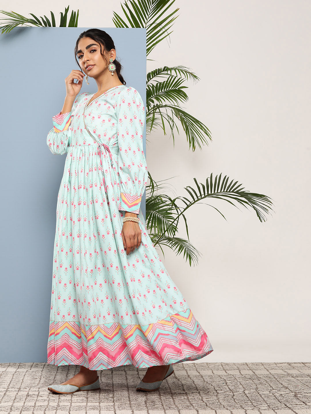 Sea Green Printed Tie-Ups Maxi Ethnic Dress