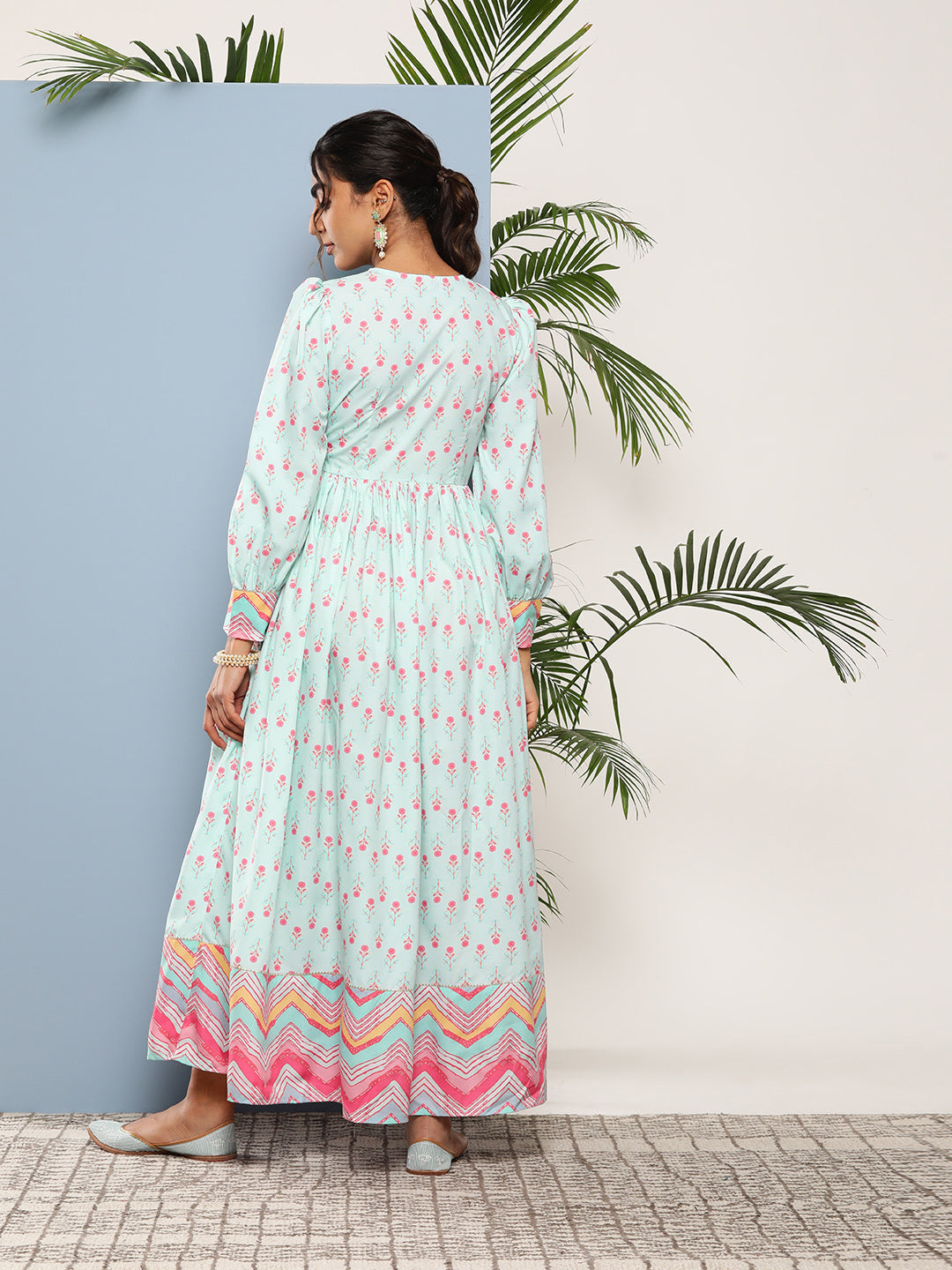 Sea Green Printed Tie-Ups Maxi Ethnic Dress