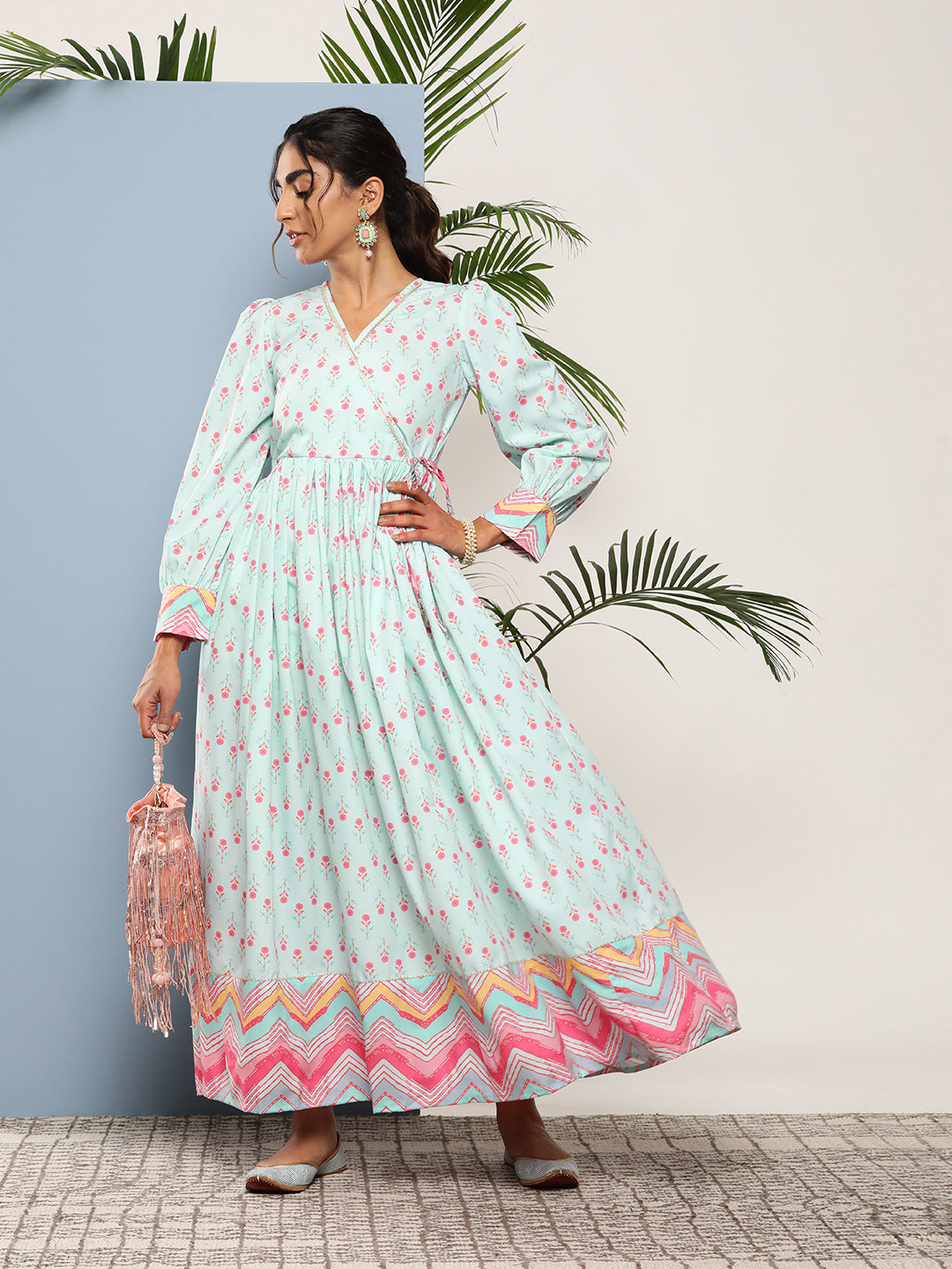 Sea Green Printed Tie-Ups Maxi Ethnic Dress