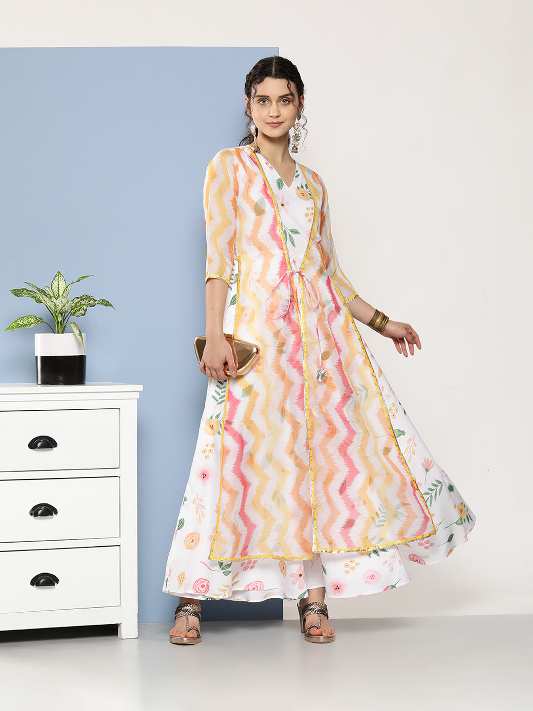 White Chevron Printed Layered Maxi Ethnic Dress