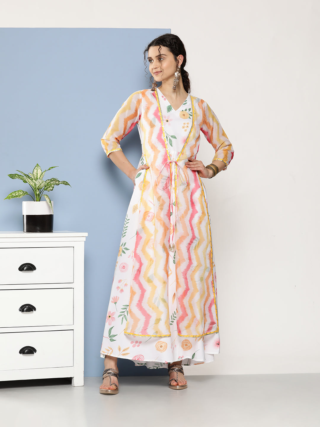 White Chevron Printed Layered Maxi Ethnic Dress