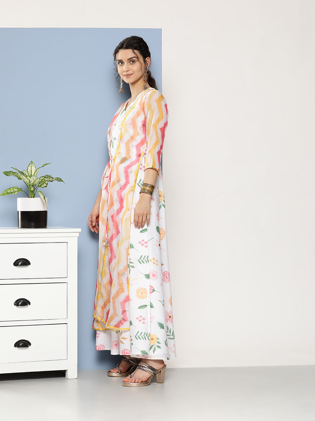 White Chevron Printed Layered Maxi Ethnic Dress