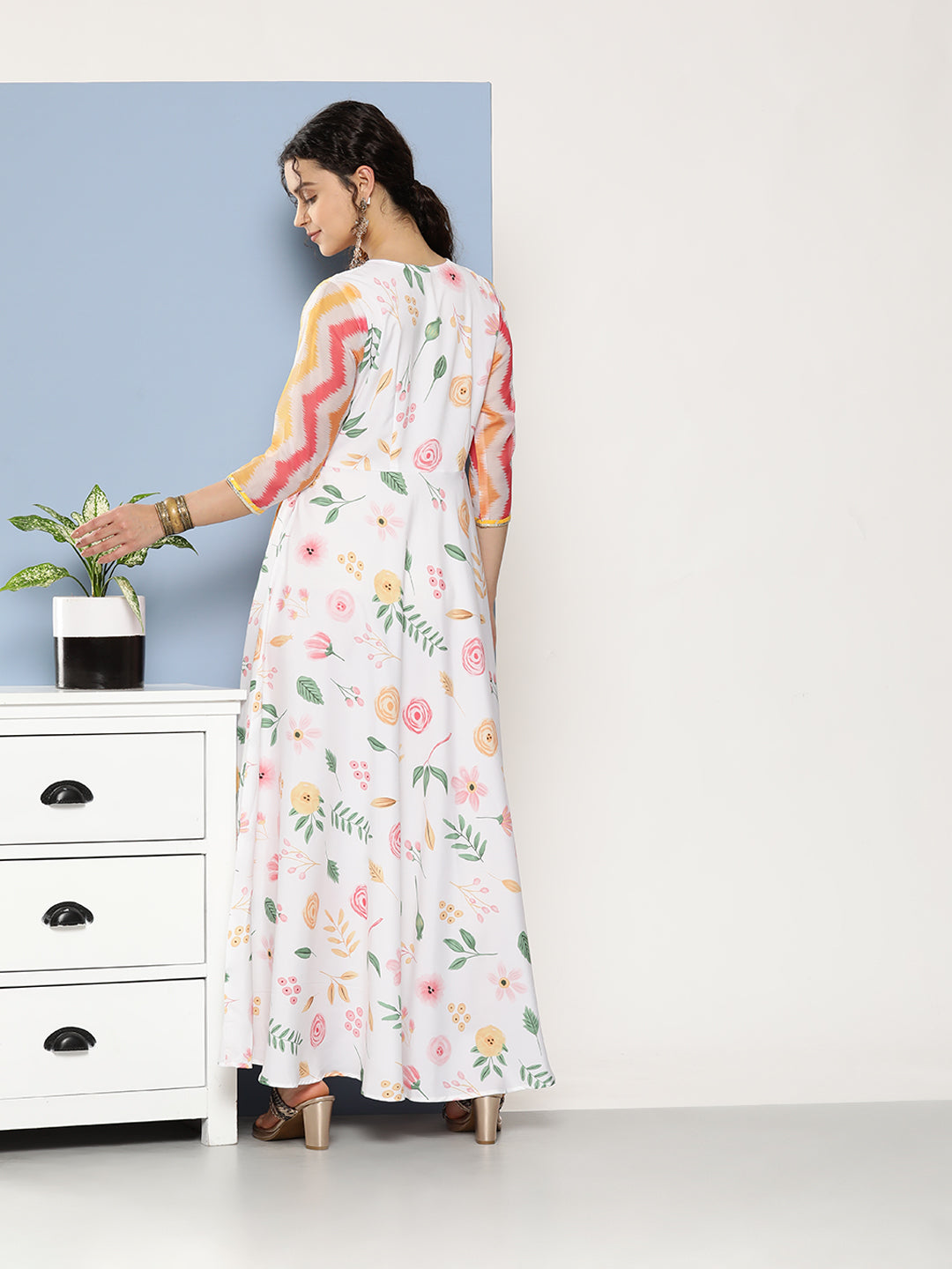 White Chevron Printed Layered Maxi Ethnic Dress