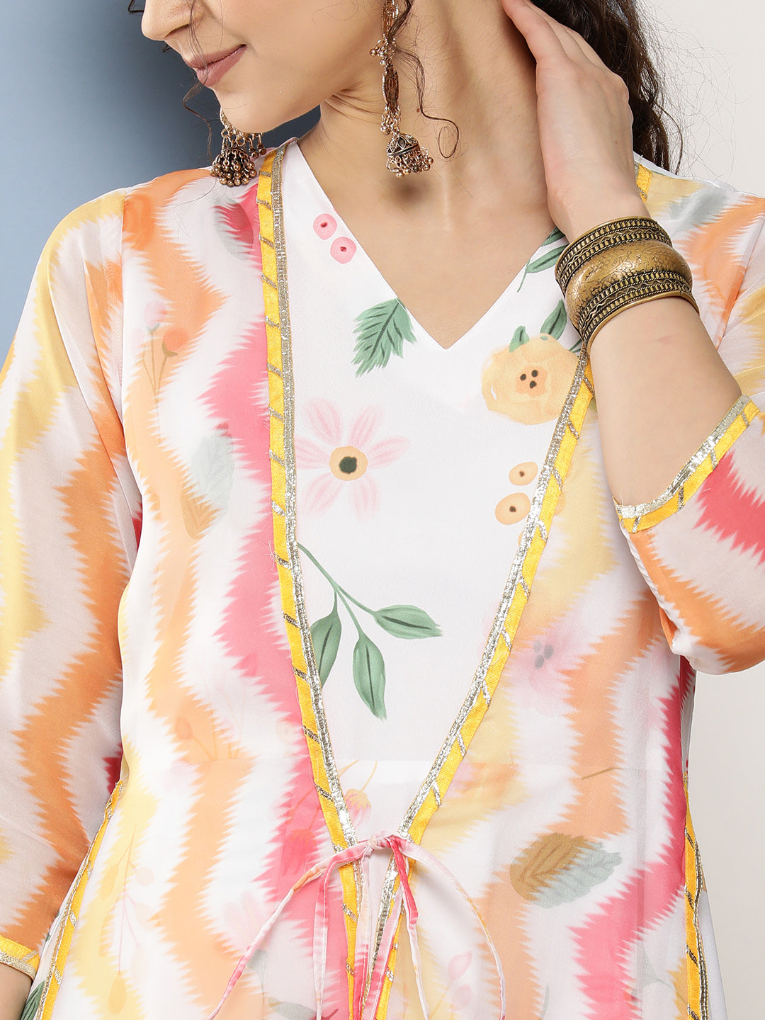 White Chevron Printed Layered Maxi Ethnic Dress