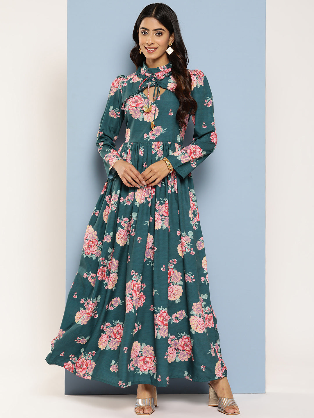 Ahalyaa Floral Print Puff Sleeves Tie-Up Neck Crepe Ethnic Gown With Cut-Out Detail