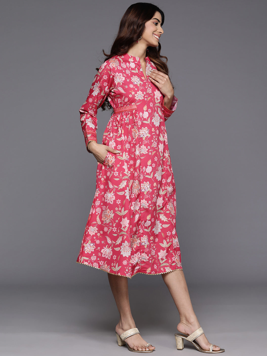 Floral Print Mandarin Collar Crepe Ethnic Dress