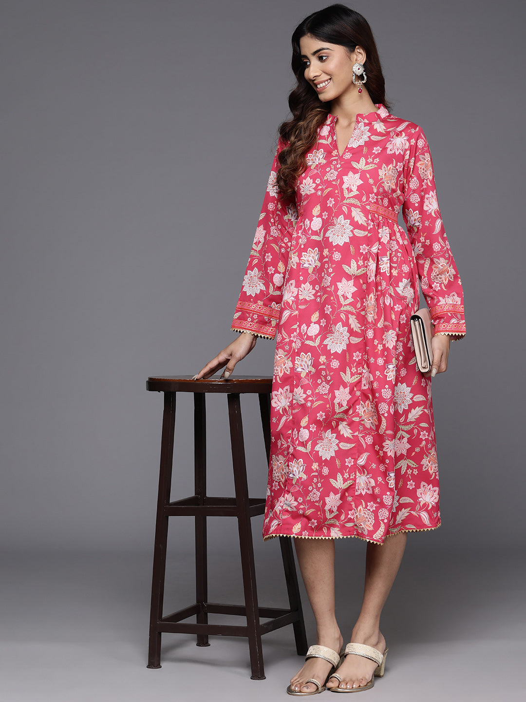 Floral Print Mandarin Collar Crepe Ethnic Dress