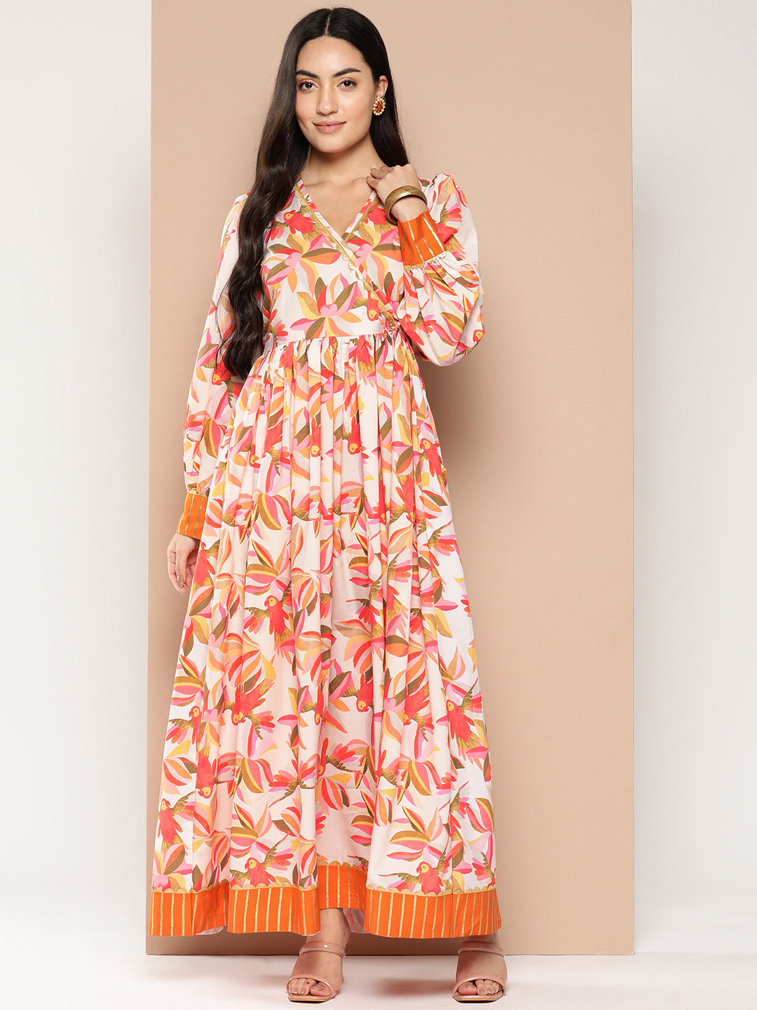 Ahalyaa Floral Printed Tie-Ups Crepe Empire Ethnic Dress