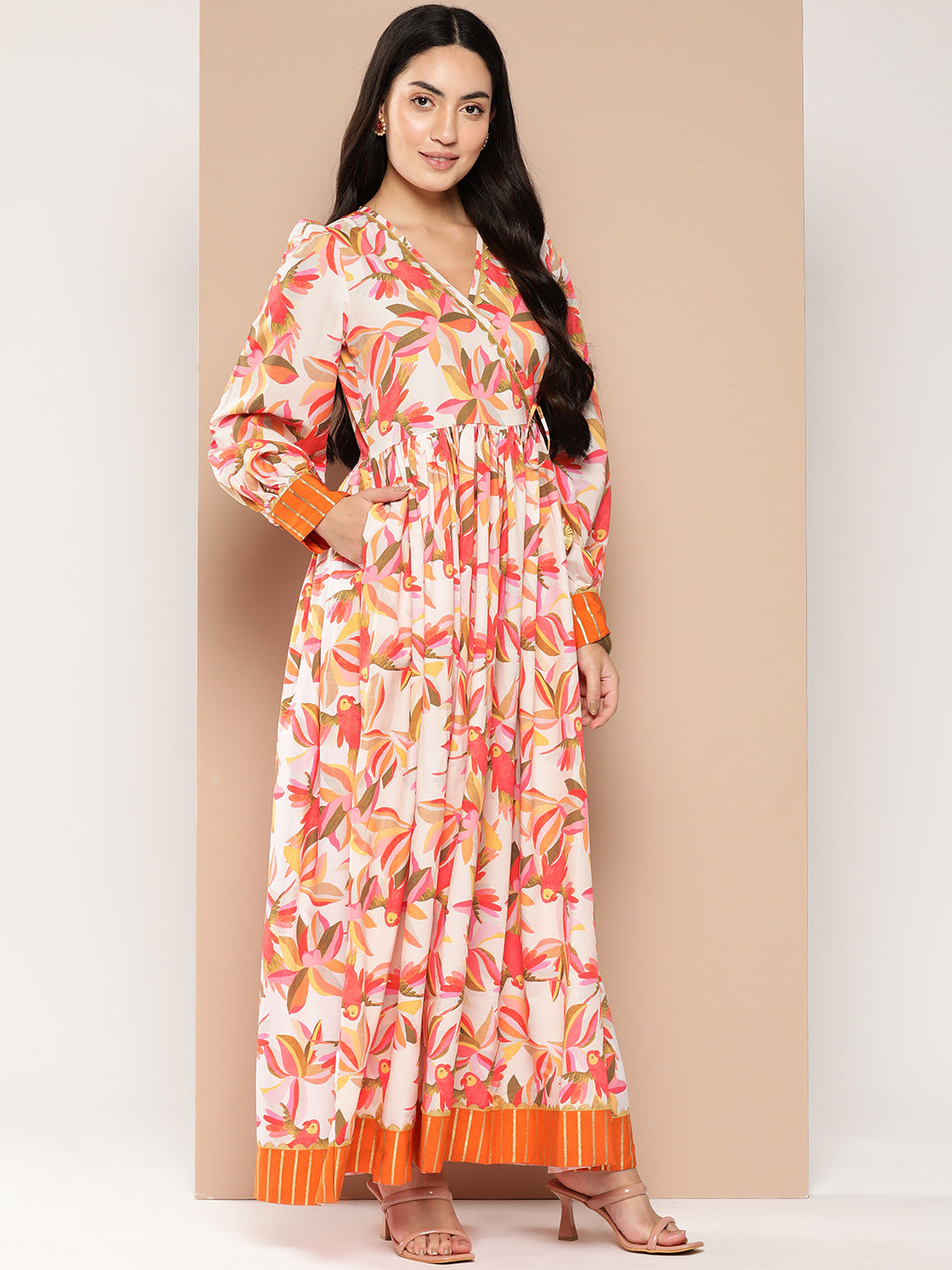 Ahalyaa Floral Printed Tie-Ups Crepe Empire Ethnic Dress