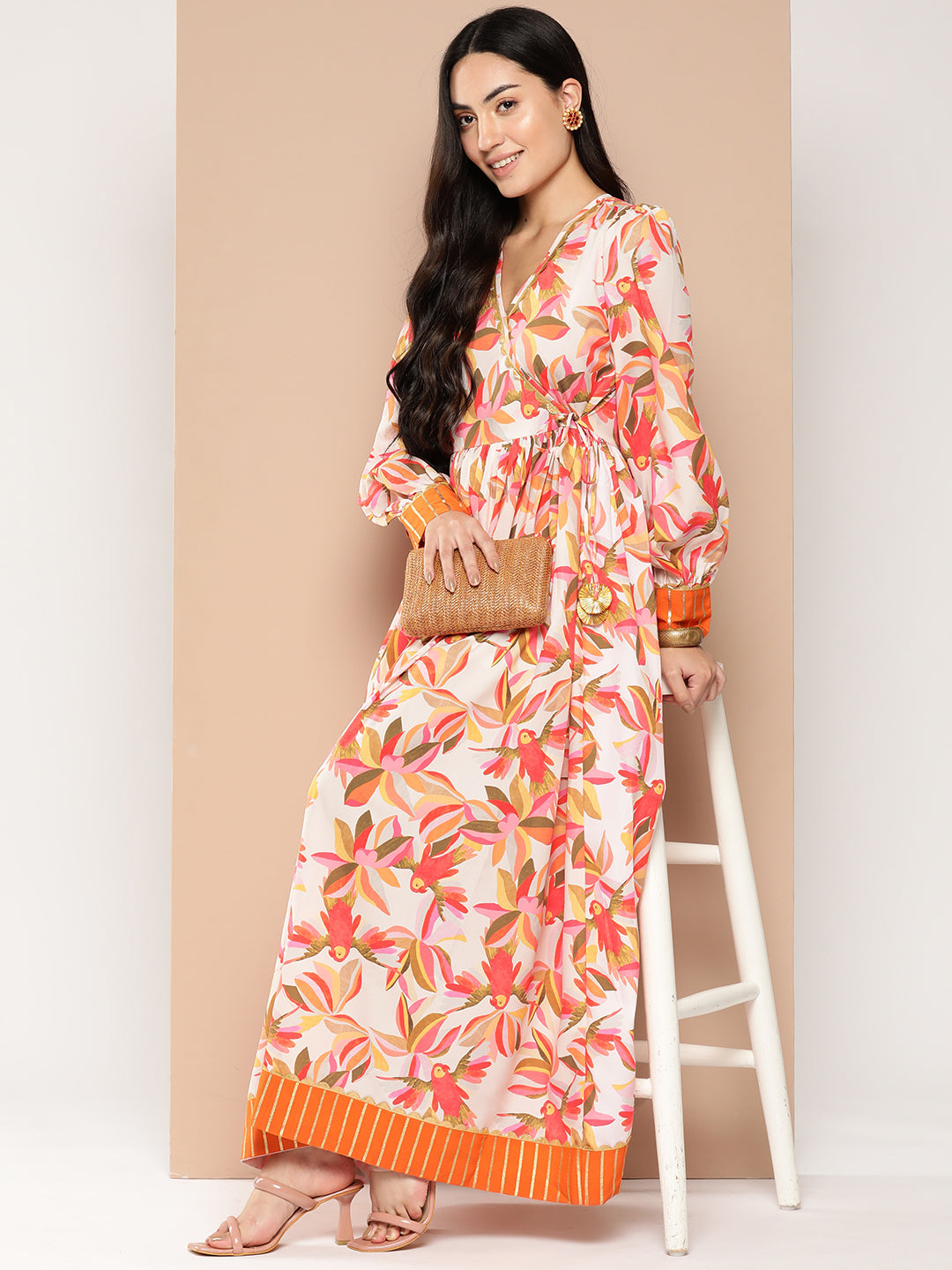 Ahalyaa Floral Printed Tie-Ups Crepe Empire Ethnic Dress