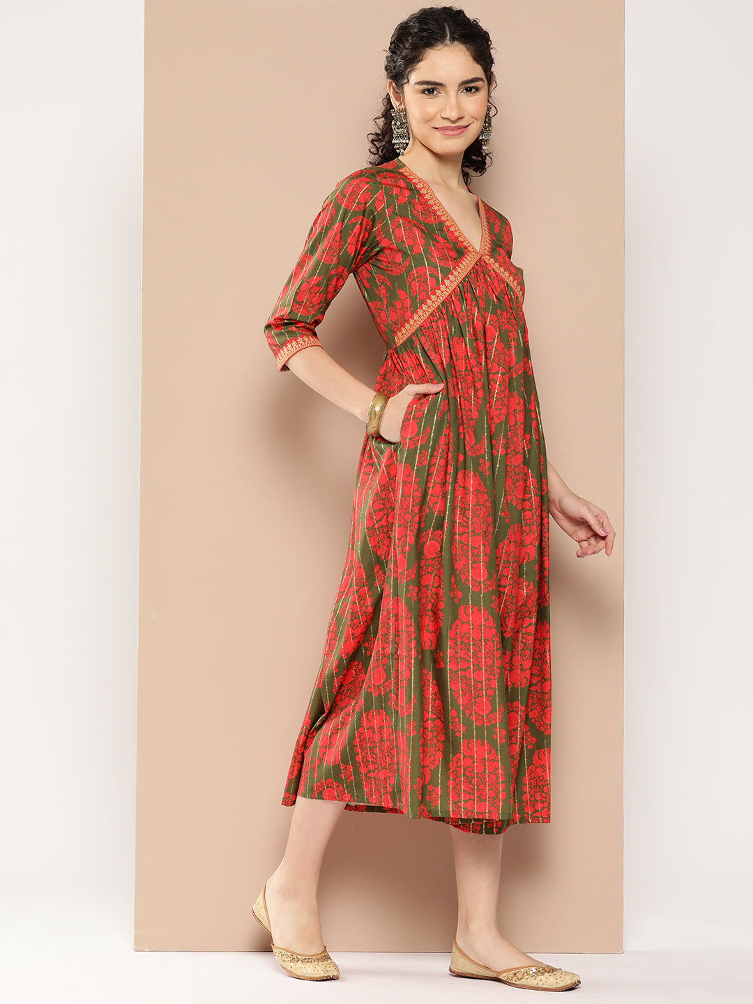 Green & Red Floral Print Flared A-Line Midi Dress