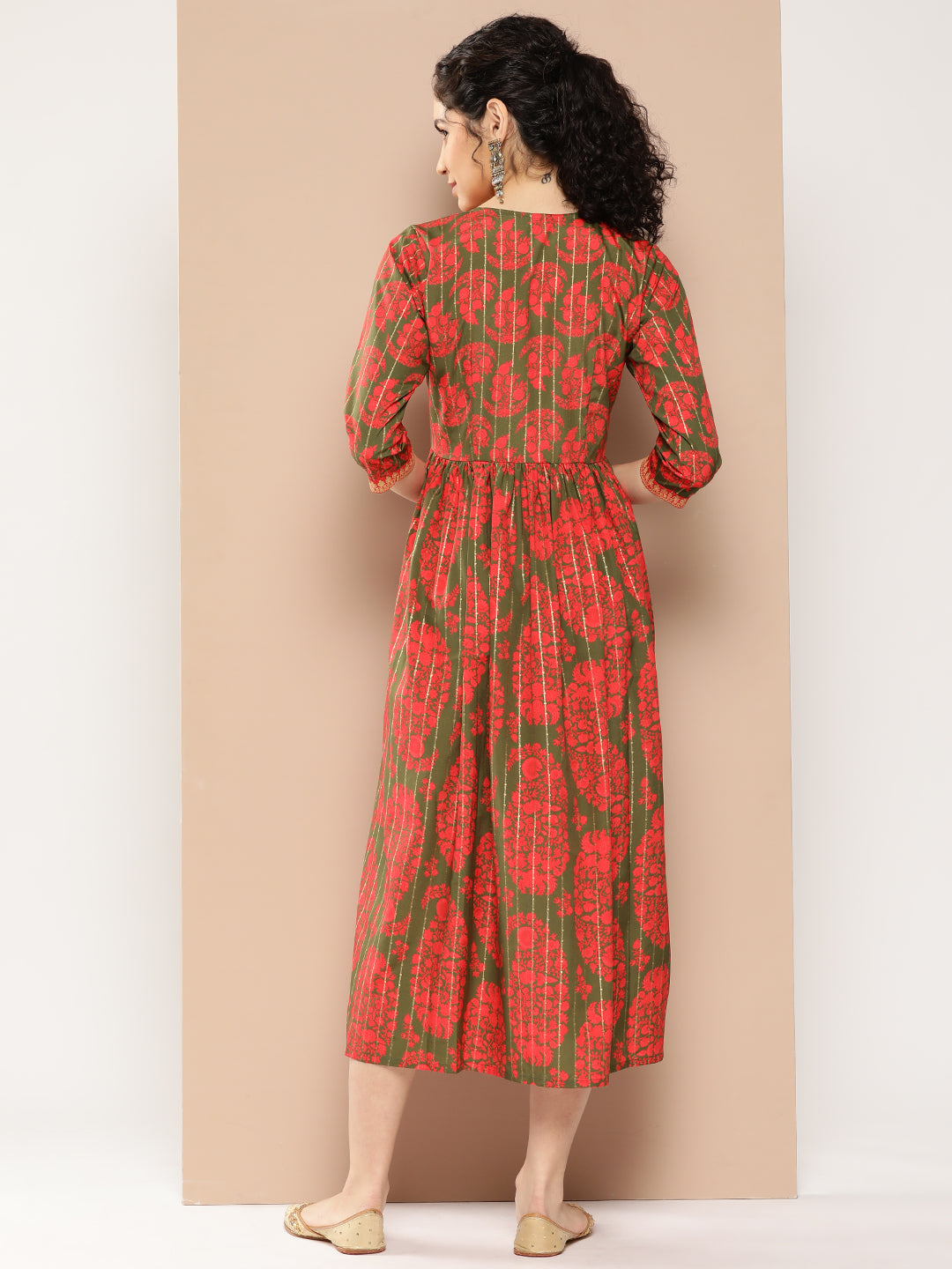 Green & Red Floral Print Flared A-Line Midi Dress